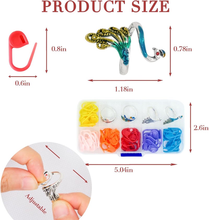 LBU 4Pcs Crochet Ring + 60Pcs Stitch Markers Adjustable Crochet Tension Rings for Finger Yarn Tension Guide Rings Crocheting Knitting Accessories with Box Gifts for Crocheters Knitters(Peacock) - Image 3